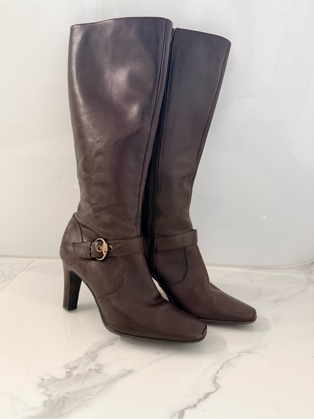 Vintage 2007 Anne Klein Brown Leather Square Toe Knee High Boots 6.5